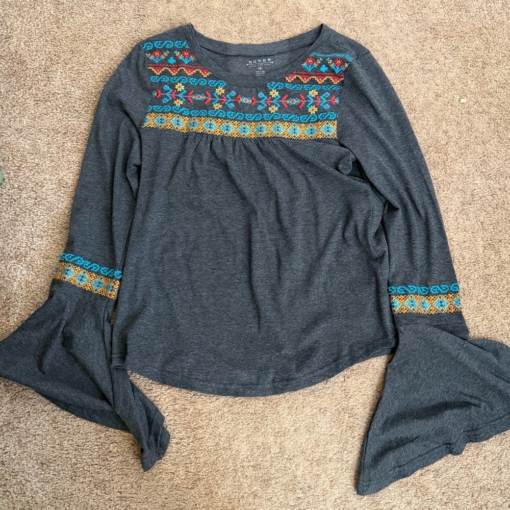 Roper Charcoal Top with Colorful Embroidery